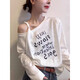 白色斜領(lǐng)露肩字母印花長(cháng)袖T恤女2025早秋季新款寬松外穿打底上衣 白色 M