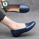 啄木鳥(niǎo)真皮防滑牛筋軟底媽媽鞋女單鞋平底圓頭豆豆鞋一腳蹬工作鞋 藍色 36