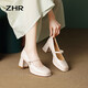 ZHR瑪麗珍鞋女春秋復古法式粗高跟單鞋女方頭優(yōu)雅女鞋EHSA37米色37
