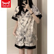貓人（MiiOW）夏天涼感冰絲睡衣女ins國風(fēng)水墨畫(huà)薄款襯衫短袖短褲家居服兩件套 國風(fēng)水墨蝴蝶兩件套【冰雪絲】 2XL 【 140-160斤 】