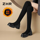 ZHR長(zhǎng)筒靴女冬時(shí)尚彈力過(guò)膝靴子女簡(jiǎn)約復(fù)古加絨面女靴 JF78A 黑色 36