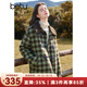 百圖betu女裝冬季新款棉衣翻領(lǐng)仿羊羔毛拼接雙色格子外套2411D02 綠色格 M
