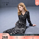 三彩2025秋季新款流浪風(fēng)碎花V領(lǐng)雪紡裙連衣裙不規則A字長(cháng)裙M 黑米花卉 L 165/88A