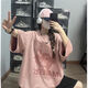 楓瀟瀟jaaniste短袖麂皮絨史迪仔印花重磅t恤男女夏季美式百搭半袖休閑 粉色麂皮絨 L