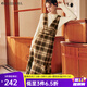 Olrain歐芮兒法式格子背帶連衣裙女秋冬年收腰復古背心裙 咖格 S