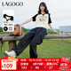 LAGOGO撞色翻領(lǐng)短袖T恤女拉谷谷春季新款休閑透氣插肩短款上衣 米黑(TW) S