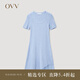 OVV2023春夏新款女裝彈力修身A型傘裝不對(duì)稱短袖U領(lǐng)針織裙 藍(lán)灰鑲拼09 S