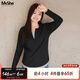 MsShe【長(cháng)袖假兩件針織衫】大碼女裝2025秋裝胖mmT恤遮肚巨顯瘦毛衣 長(cháng)袖【V領(lǐng)】黑色現貨 2XL