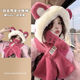 鉑吶苓帽子女冬小熊帽子手套圍巾女一體三件套女士韓版可愛(ài)冬天保暖帽子 可愛(ài)小熊玫紅色 【帽子圍巾一體+口罩】
