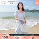 三彩大碼女裝2025夏新款條紋花邊開(kāi)衫半身裙兩件套裝小清新胖MM