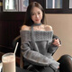 妙奕嘉一字肩毛衣女秋冬灰色針織衫2025新款女裝內搭外穿上衣慵懶風(fēng)寬松 灰色麻花一字肩飄帶毛衣 均碼