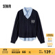 森馬（Semir）毛衣女冬刺繡V領絞花毛衫無袖襯衫簡約時尚氣質(zhì)學院風兩件套 藍色調(diào)00388 S
