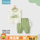 優(yōu)奇兒童套裝夏款新款卡通男寶寶背心短褲夏季薄款嬰幼兒紗布分體衣服 綠色 90