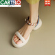 卡帝樂(lè )鱷魚(yú)（CARTELO）露趾厚底松糕一字帶涼鞋女真皮2025新款夏季拼色粗跟絲帶羅馬鞋子 米白色 39