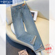 莫代爾洋氣新中式直筒牛仔褲女春秋2025新款拼接九分褲刺繡國風(fēng)煙管褲子 淺藍色 優(yōu)質(zhì)版 L 建議110-120斤