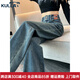 KULLA高腰闊腿牛仔褲女春夏季新款小個(gè)子直筒褲復古窄版寬松顯瘦長(cháng)褲子 復古藍 L建議110斤到120斤