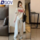 DGOV美式少女休閑服套裝女夏季學(xué)生韓版減齡寬松短袖長(cháng)褲兩件套潮流 短袖T恤+灰色長(cháng)褲 S 【建議75-90斤】