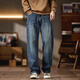 胖老師大碼牛仔褲寬松闊腿直筒長(cháng)褲高街復古簡(jiǎn)約風(fēng)休閑加肥加大褲子秋季 藍色 2XL 【150-170斤】