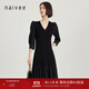 納薇（naivee）春夏新款浪漫設(shè)計(jì)感V領(lǐng)氣質(zhì)黑色泡泡袖拼接魚(yú)尾連衣裙女 黑色 M 160/84A