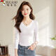 啄木鳥(niǎo)打底衫女春夏長(cháng)袖t恤螺紋v領(lǐng)側邊抽褶齊腰顯瘦百搭上衣 白色 L
