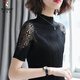 啄木鳥(niǎo)蕾絲短袖t恤女2025年春夏新款洋氣百搭修身半高領(lǐng)針織打底上衣 黑色短袖 XL