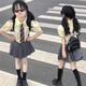 流貝純棉女童夏季套裝2024新款時髦洋氣jk制服學(xué)院風(fēng)百褶短裙領(lǐng)帶女寶 套裝鵝黃襯衫+灰裙子配領(lǐng)帶 150