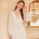 Rose Tree法式睡裙春秋女款長(cháng)袖長(cháng)款蕾絲純欲少女睡衣裙帶胸墊 米白色 （帶胸墊） S