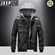 JEEP SPIRIT冬季連帽帥氣機車(chē)皮衣男士pu皮寬松休閑中青年皮外套飛行員皮夾克 黑色 L