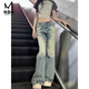 漫蔻依美式辣妹微喇叭牛仔褲女2025春季新款設(shè)計(jì)感分割扎染闊腿拖地褲 復(fù)古藍(lán) M