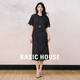 Basic House/百家好純色休閑夏季新款寬松顯瘦優(yōu)雅氣質(zhì)短袖連衣裙 黑色 M