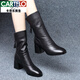 卡帝樂(lè )鱷魚(yú)（CARTELO）真皮中筒靴女2026新款秋季加絨短靴粗跟春秋單靴中跟馬丁靴皮靴女 黑色 加絨 37