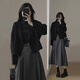 歐迪惠法式連衣裙女裝2025年秋季新款衣服套裝毛呢外套女秋冬小香風(fēng)裙子 黑色毛呢外套+灰色裙+打底衫 S 【80-95斤】