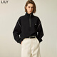 LILY冬新款女裝復古松弛感拉鏈POLO立領(lǐng)落肩百搭長(cháng)袖衛衣女款 510黑 M