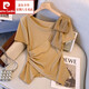皮爾卡丹（pierre cardin）女士短袖高檔上衣女時(shí)尚一點(diǎn)不規則斜領(lǐng)設計感t恤女2024年夏季新 卡其色 XL [115-130斤]