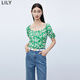 LILY【專(zhuān)柜甄選】秋新款女裝別致印花復古方領(lǐng)雪紡衫小上衣女 306中綠 XL