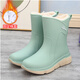 雨鞋女加厚棉絨冬季保暖防水棉靴厚底防滑軟底一體中筒雨靴水鞋女 綠色固定絨（不可拆） 拍大2碼 38