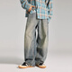 沐秋新款寬松直筒闊腿牛仔褲男士復古潮流水洗做舊垂感拖地百搭長(cháng)褲子 復古藍 32
