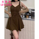 樂(lè )雅秀2025夏季新款復古辣妹吊帶連衣裙女高級感系帶顯瘦款A字甜辣短裙 開(kāi)衫 M 建議95-108斤