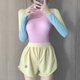 暄琰 游泳衣女連體保守長(cháng)袖競速運動(dòng)短褲潛水沖浪服多巴胺溫泉泳裝 糖果拼色連體衣+短褲 均碼 【80-120斤】