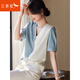 紅蜻蜓（RED DRAGONFLY）簡(jiǎn)約撞色t恤襯衫女裝夏季韓版休閑百搭小衫時(shí)尚短袖拼接v領(lǐng)上衣 藍色 S 【建議100斤以下】