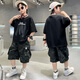 猴兄仔男童短袖套裝夏季新款中大童男孩T恤工裝褲兩件套夏天運動(dòng)衣服潮5 黑色 160 (建議身高150CM左右)