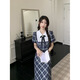 素織錦格子連衣裙女2025新款春夏女裝學院風初高中學生裝氣質高級感長裙 格子連衣裙長款【送蝴蝶結】 M