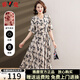 雅鹿碎花連衣裙女夏季2024新款氣質(zhì)媽媽裝中長款V領(lǐng)收腰中老年長裙子 9162卡其色 L【推薦105以下】