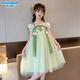 開(kāi)米熊漢服女童夏季裙子2025新款古裝中國風(fēng)超仙連衣裙兒童唐裝女孩夏款 綠色 140 碼建議身高130cm左右