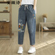 安婭詩(shī)全棉七分褲女夏季薄款休閑百搭顯瘦牛仔褲女哈倫褲復古刺繡老爹褲 藍色 L 建議110-130斤左右