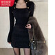 確彤純欲風(fēng)方領(lǐng)長(cháng)袖針織毛衣裙女2025年秋冬季新款氣質(zhì)緊身打底連衣裙 黑色 均碼