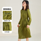 金菊25新款重磅真絲桑蠶絲A字裙中式國風(fēng)立領(lǐng)褶皺斜襟長(cháng)袖女式連衣裙 綠色 L