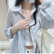 條紋棉麻襯衫女春夏季設計感休閑寬松防曬長袖襯衣薄款上衣外套潮 藍色條紋 M （95-130斤）