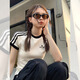 小野七天條紋正肩短袖t恤女夏辣妹修身顯瘦杏色短上衣 杏色 M