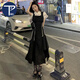PMOG夏季日系慵懶風(fēng)吊帶連衣裙女學(xué)生韓版百搭寬松中長款背帶裙子 背帶裙+襯衫 S